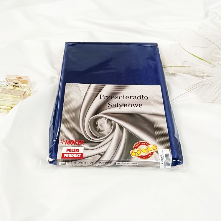 opakowanie Prześcieradło Satynowe 220 z gumką- granat, zdjęcie prześcieradła w opakowaniu